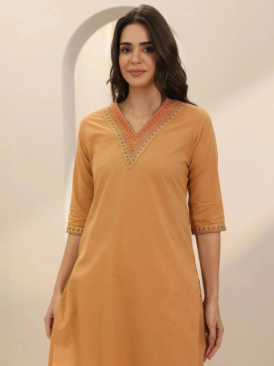  Beige Yoke Design Cotton Straight Suit Set With Dupatta 