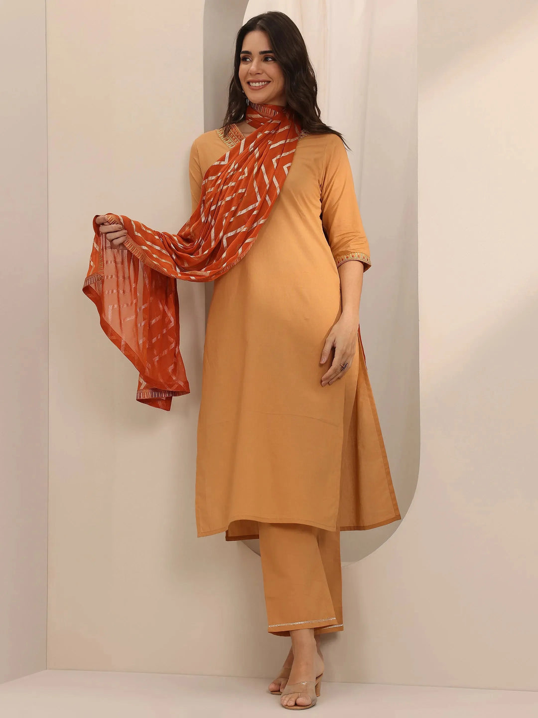 Beige Yoke Design Cotton Straight Suit Set With Dupatta