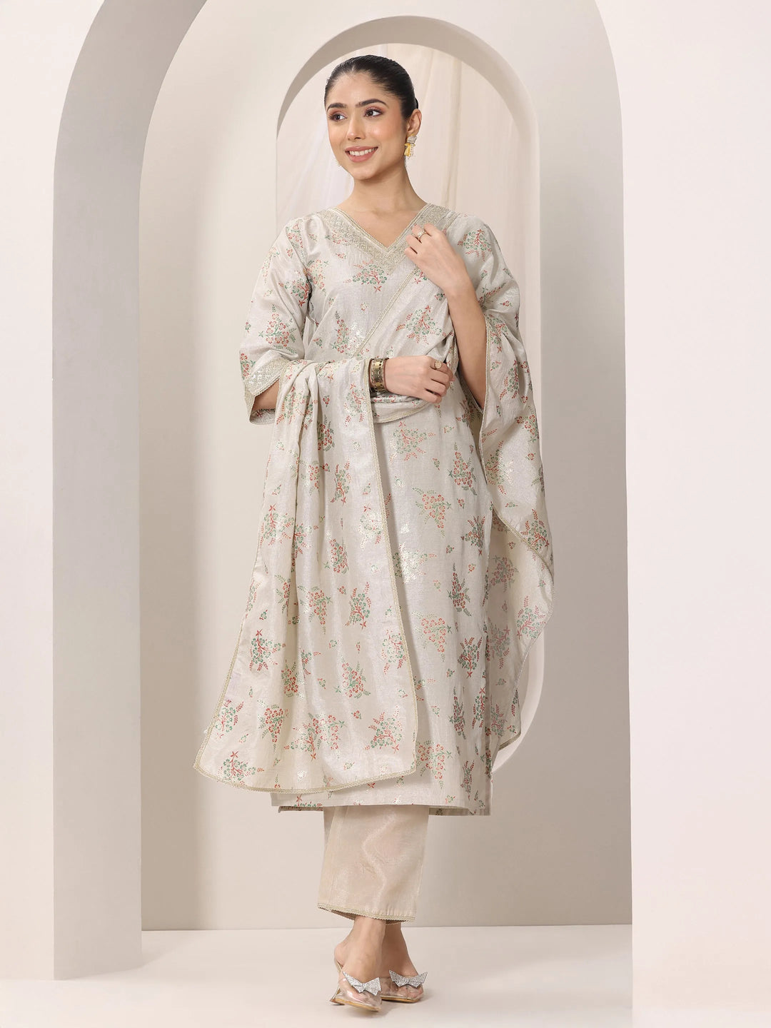  Grey Woven Design Silk Blend Straight Suit Set With Dupatta 