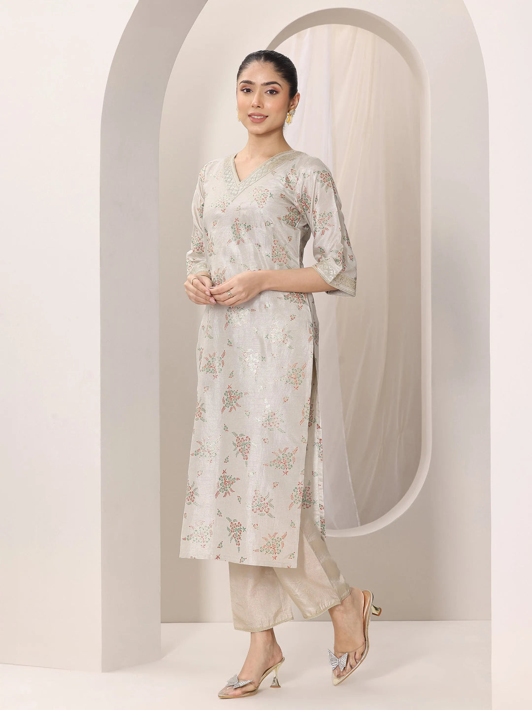  Grey Woven Design Silk Blend Straight Suit Set With Dupatta 