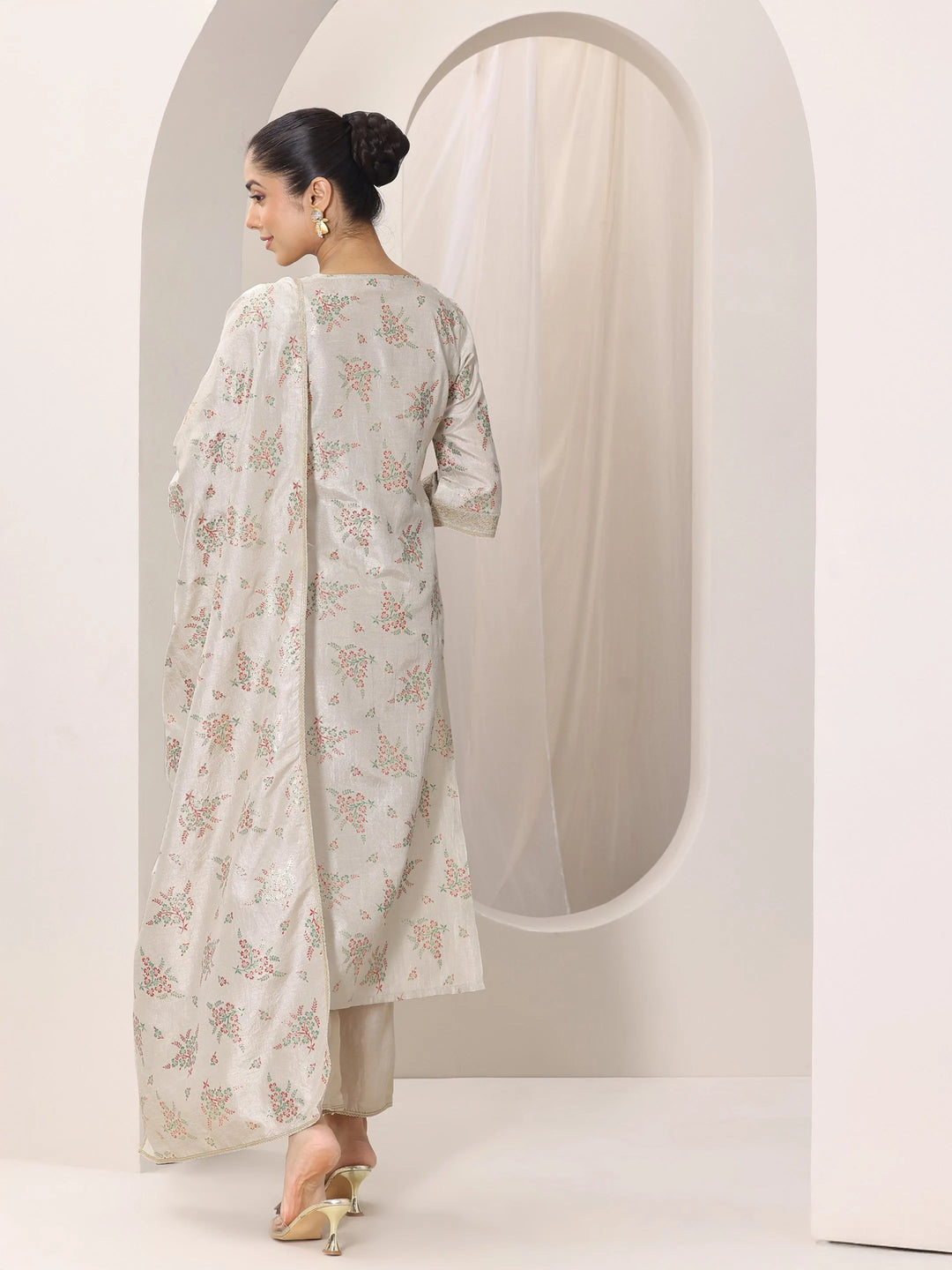  Grey Woven Design Silk Blend Straight Suit Set With Dupatta 