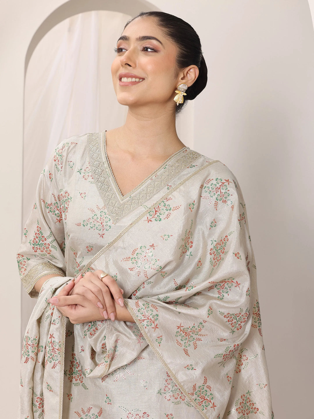  Grey Woven Design Silk Blend Straight Suit Set With Dupatta 