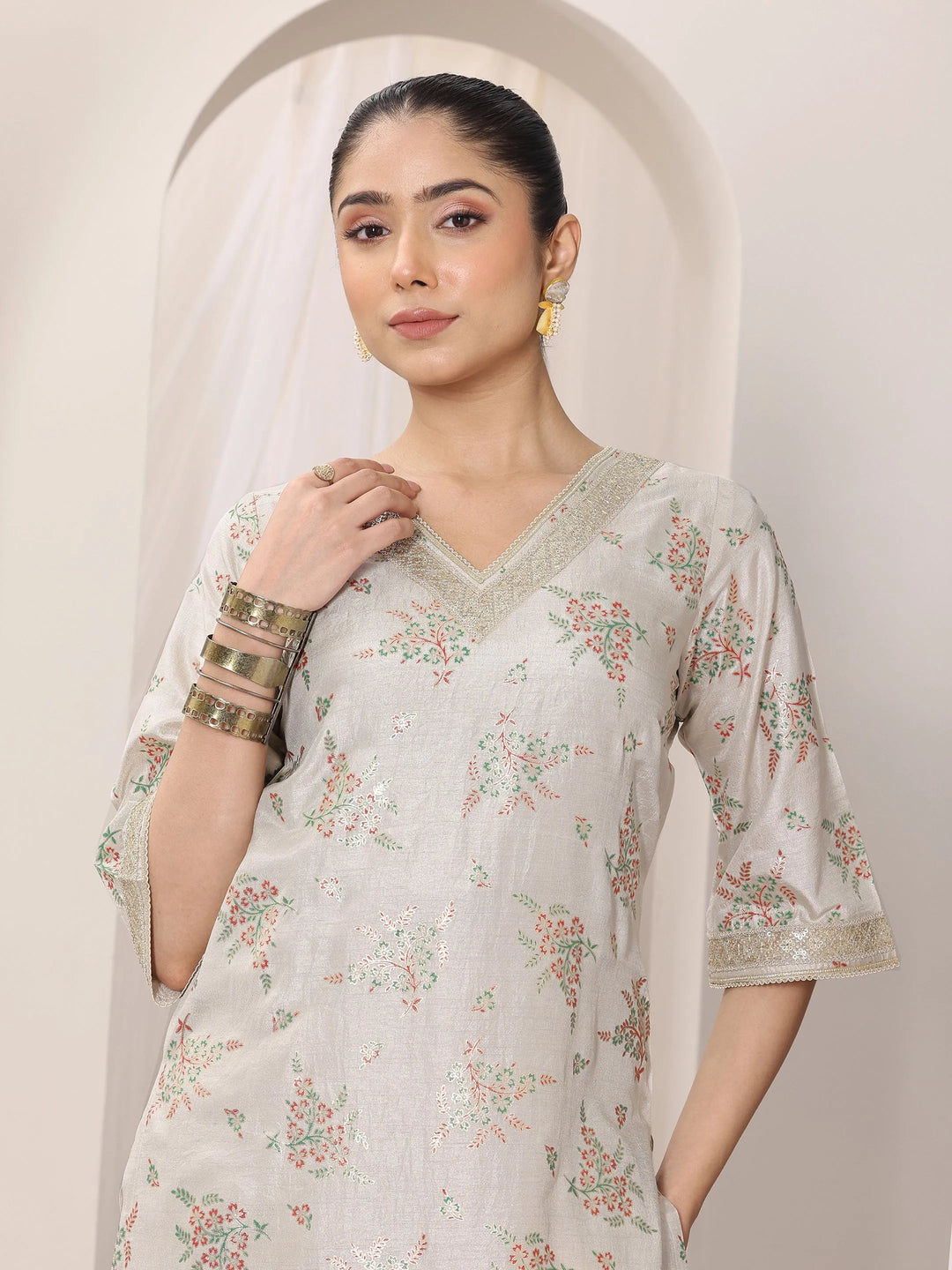  Grey Woven Design Silk Blend Straight Suit Set With Dupatta 