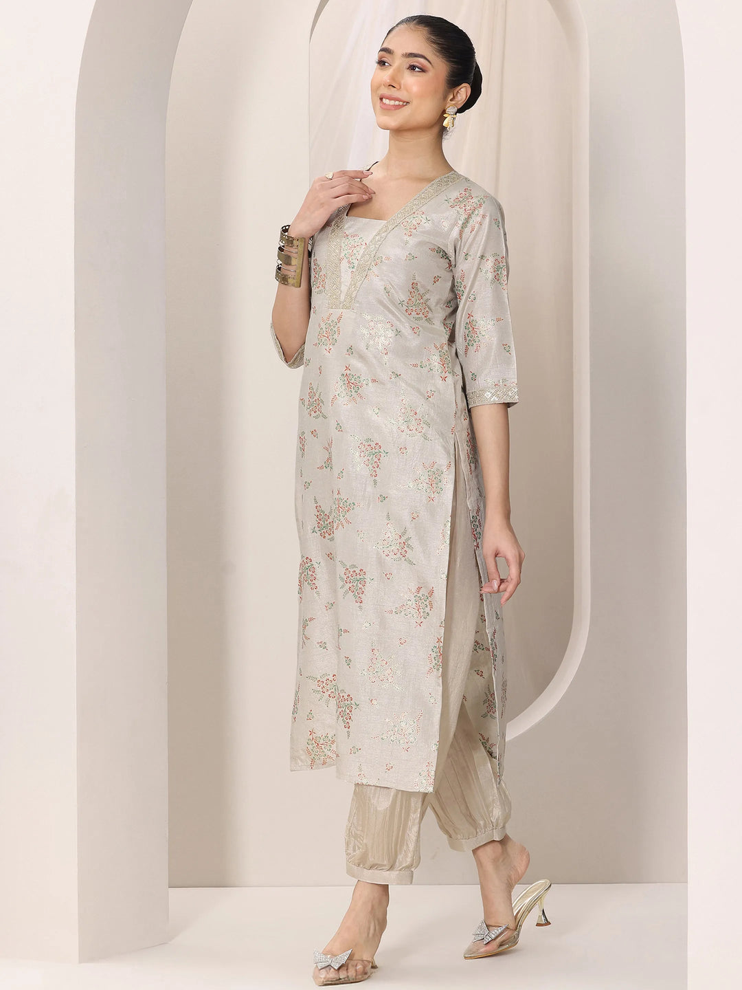  Grey Woven Design Silk Blend Straight Kurta Set 