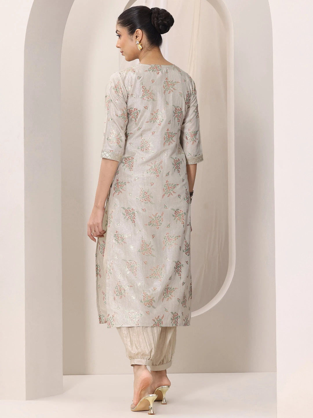  Grey Woven Design Silk Blend Straight Kurta Set 