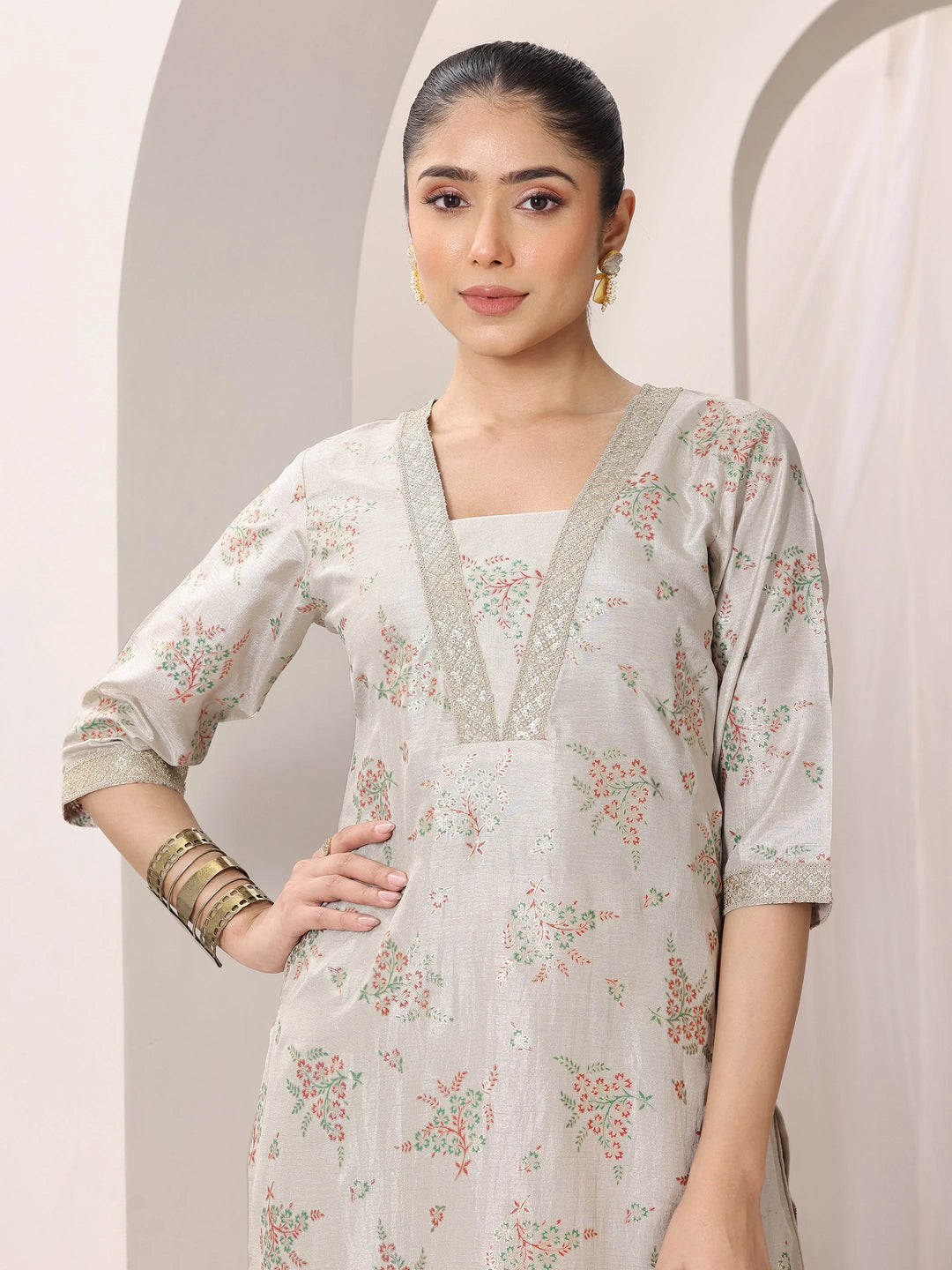 Grey Woven Design Silk Blend Straight Kurta Set 