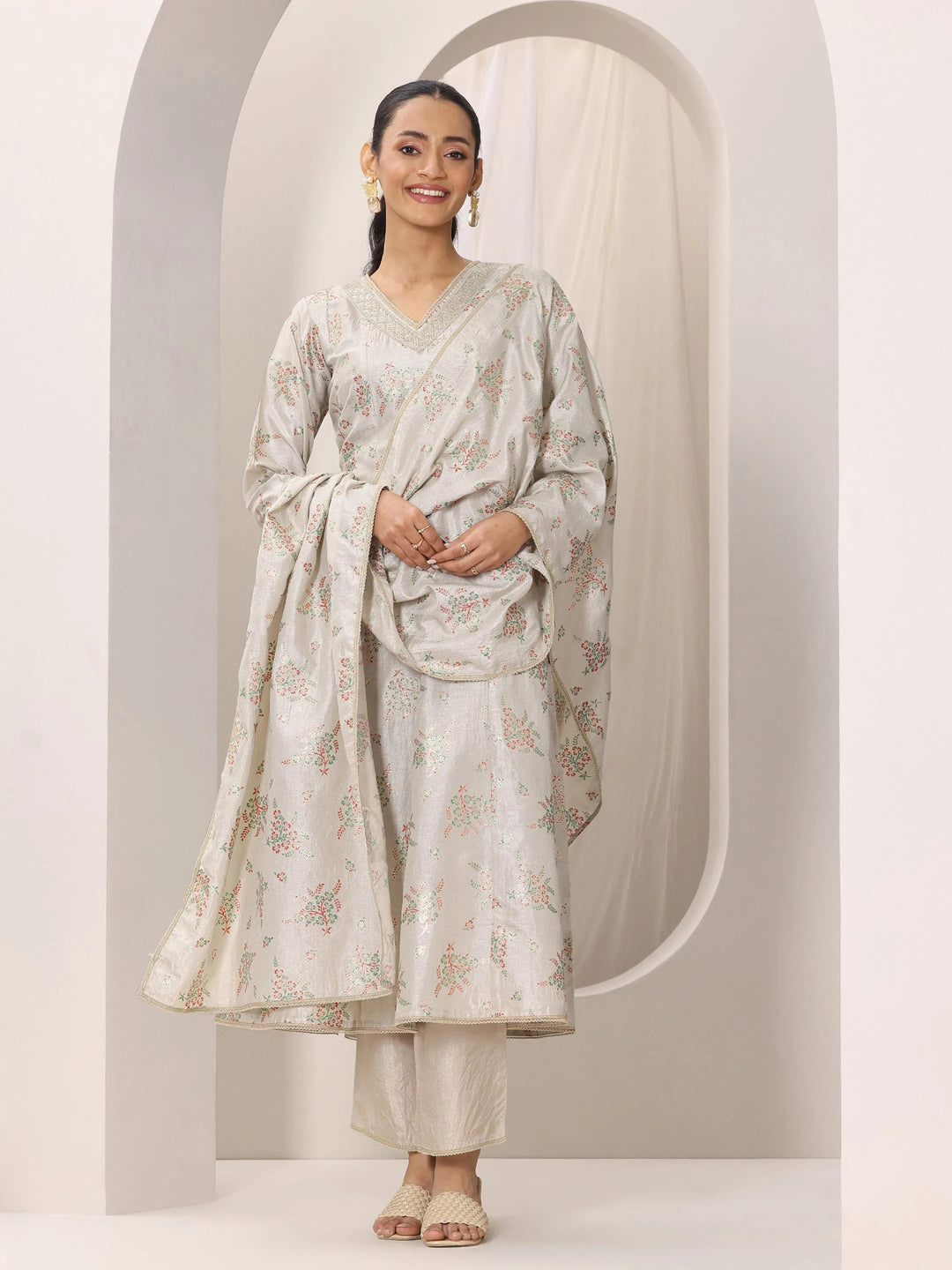  Grey Woven Design Silk Blend Straight Suit Set With Dupatta 