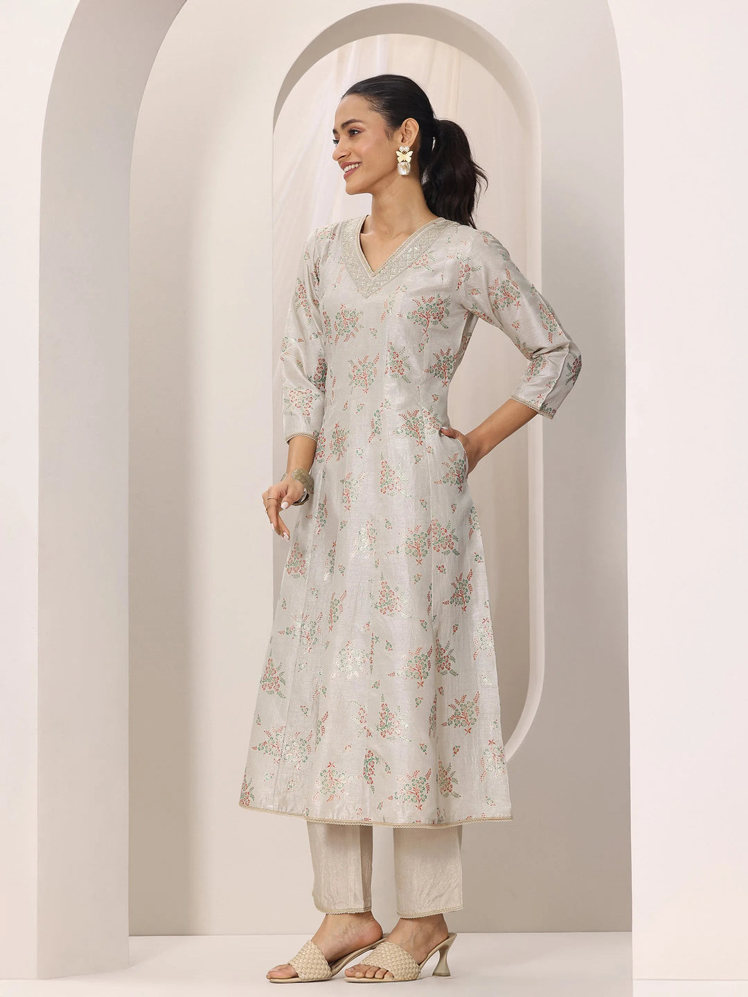  Grey Woven Design Silk Blend Straight Suit Set With Dupatta 