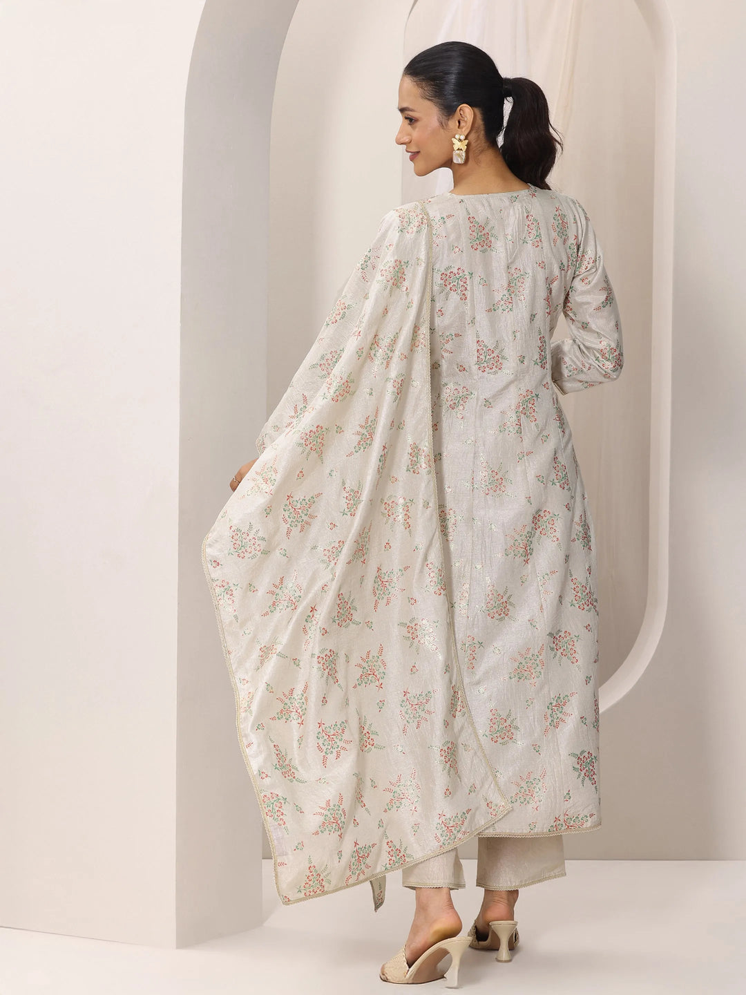  Grey Woven Design Silk Blend Straight Suit Set With Dupatta 