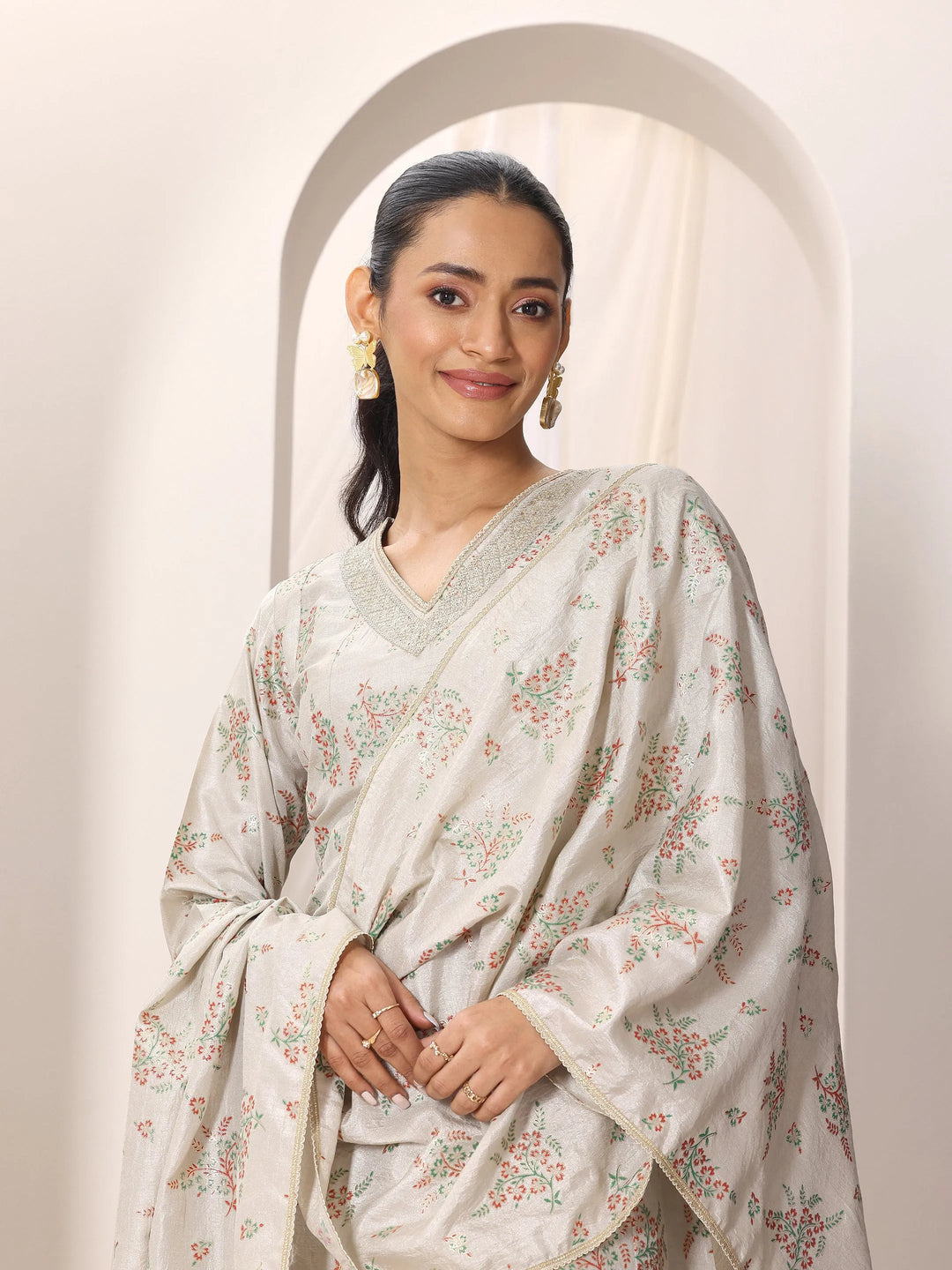  Grey Woven Design Silk Blend Straight Suit Set With Dupatta 