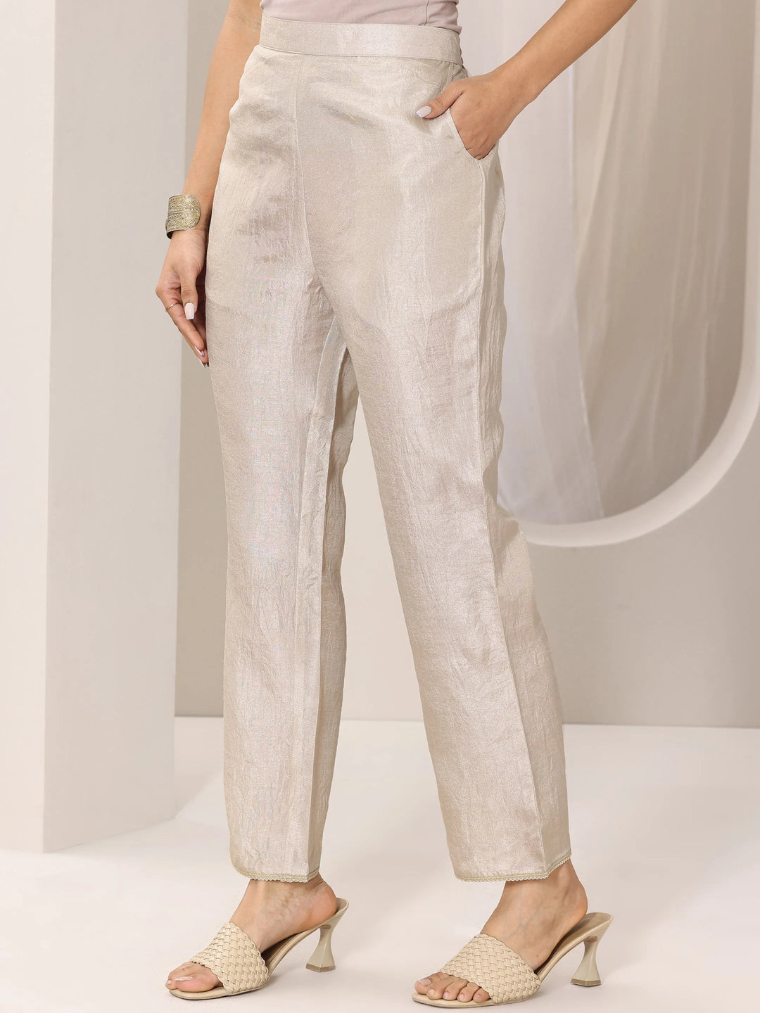  Grey Woven Design Silk Blend Straight Suit Set With Dupatta 