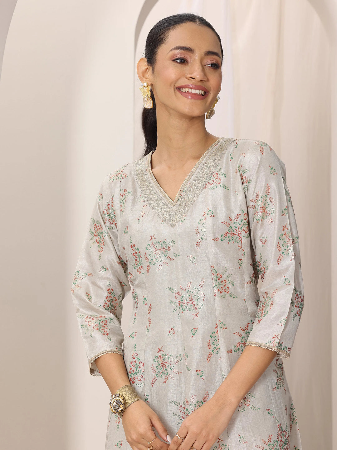  Grey Woven Design Silk Blend Straight Suit Set With Dupatta 
