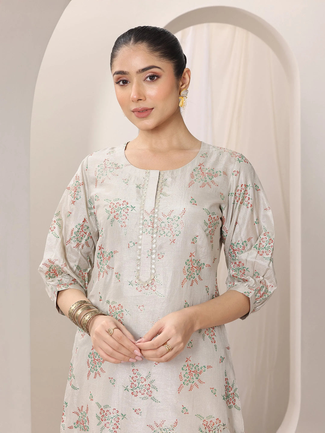  Grey Woven Design Silk Blend Straight Suit Set With Dupatta 