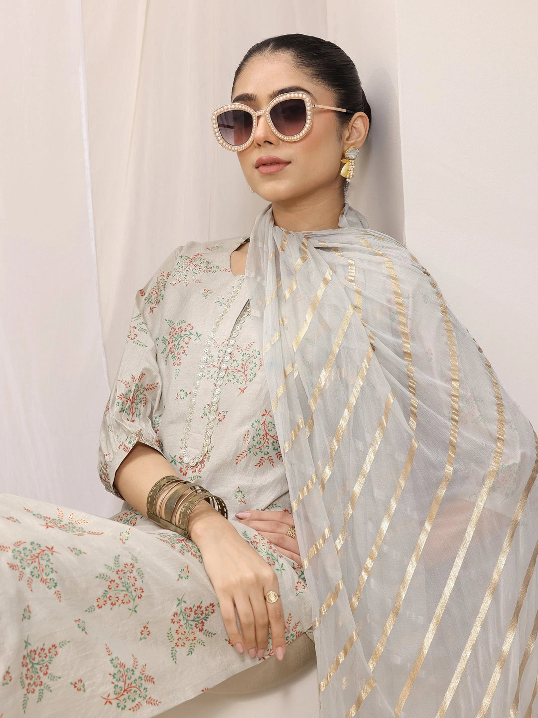  Grey Woven Design Silk Blend Straight Suit Set With Dupatta 