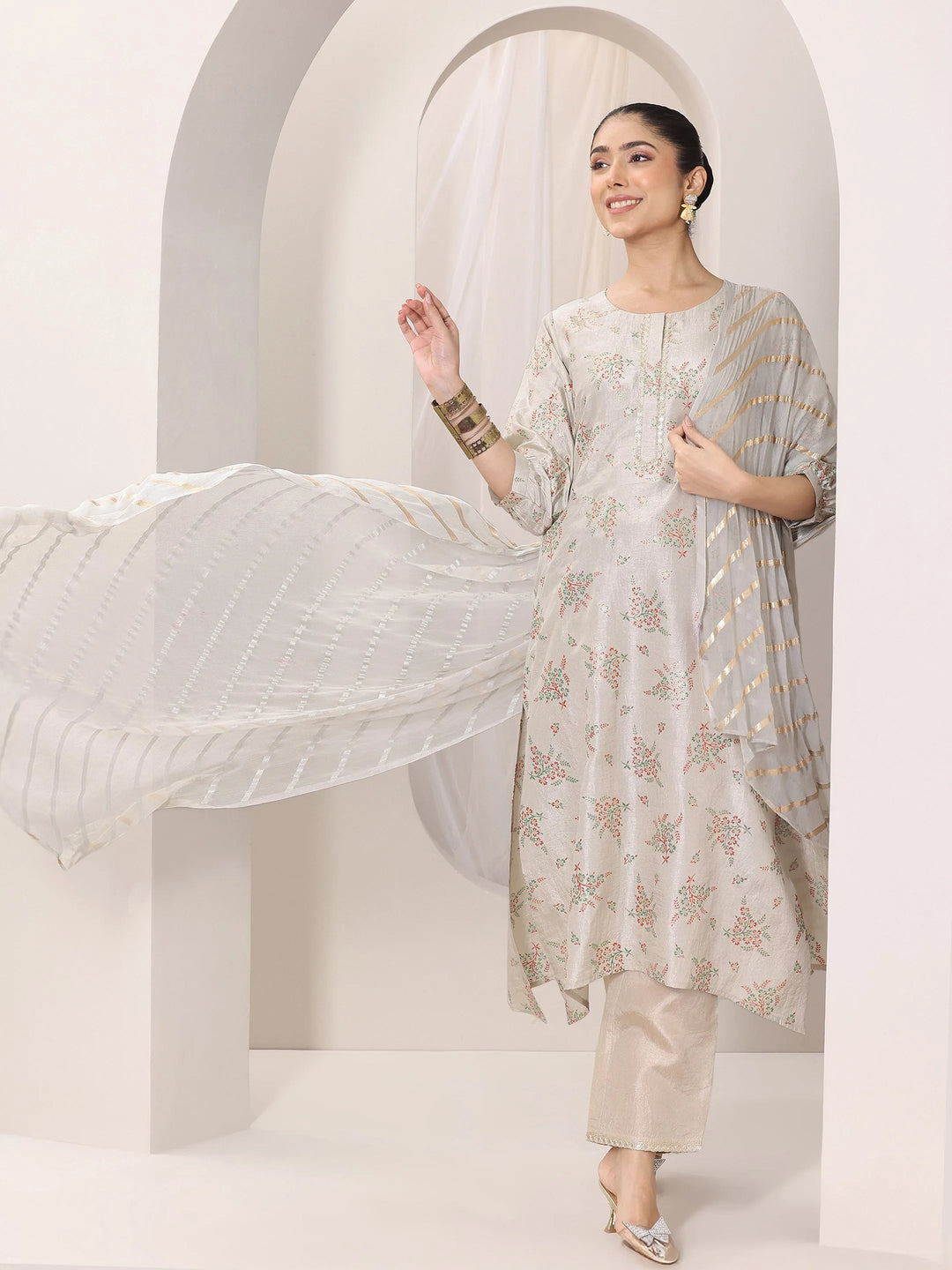  Grey Woven Design Silk Blend Straight Suit Set With Dupatta 