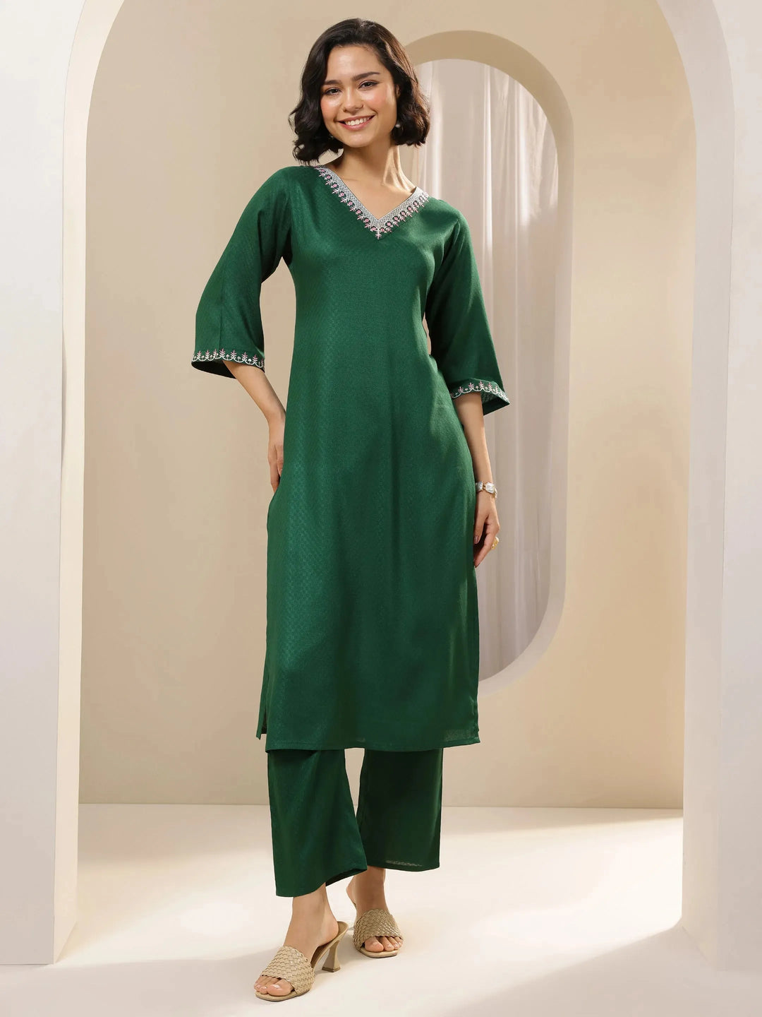 Green Self Design Rayon Straight Kurta Set