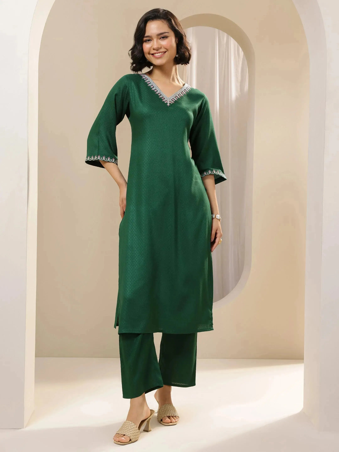  Green Self Design Rayon Straight Kurta Set 