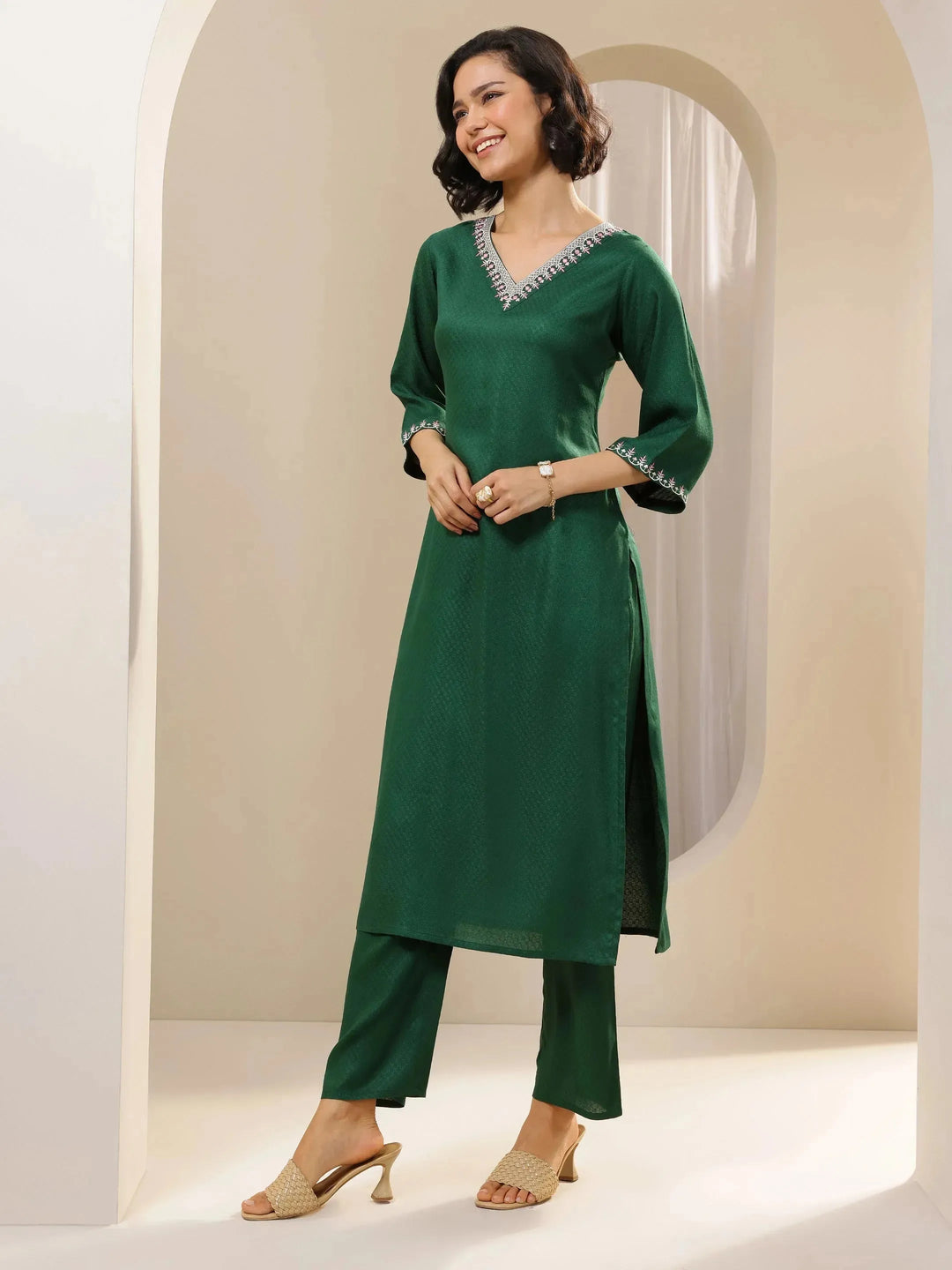 Green Self Design Rayon Straight Kurta Set