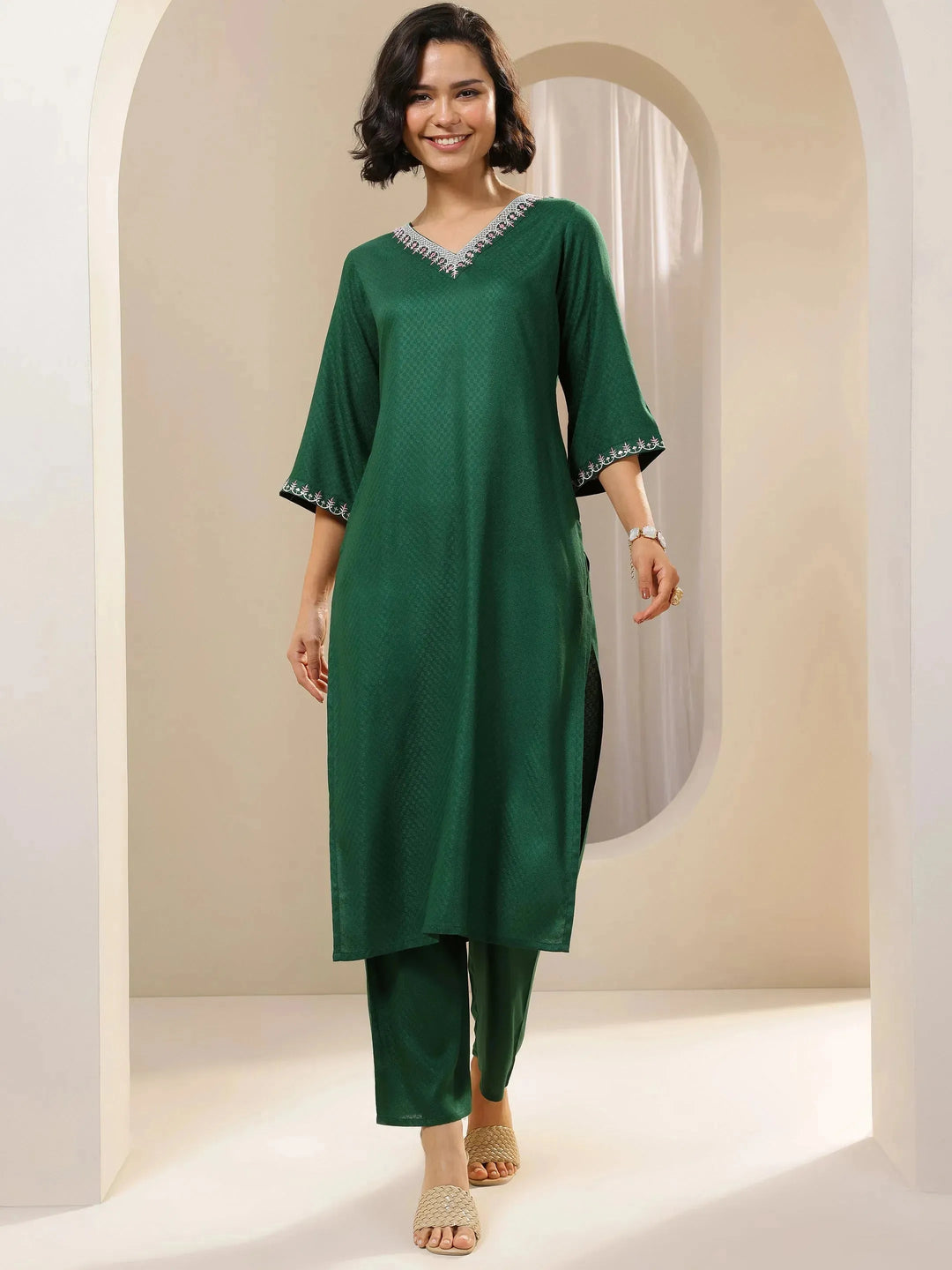  Green Self Design Rayon Straight Kurta Set 