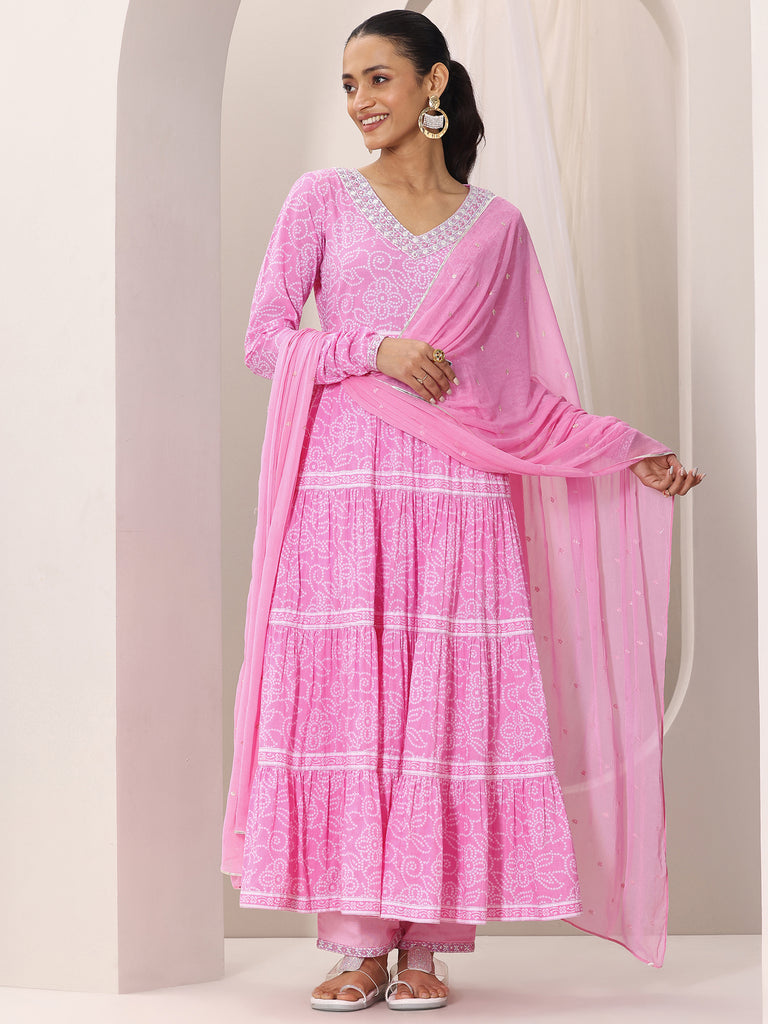 Libas Pink Bandhani Cotton Anarkali Suit Set With Dupatta