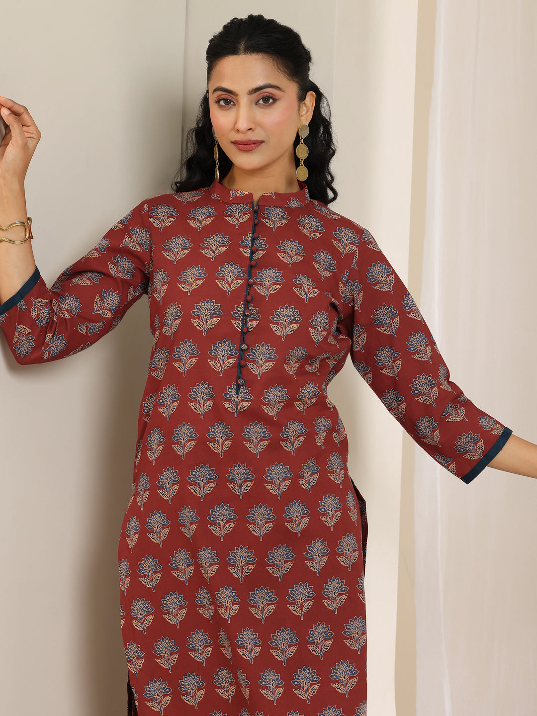  Maroon Printed Cotton Straight Kurta Set 