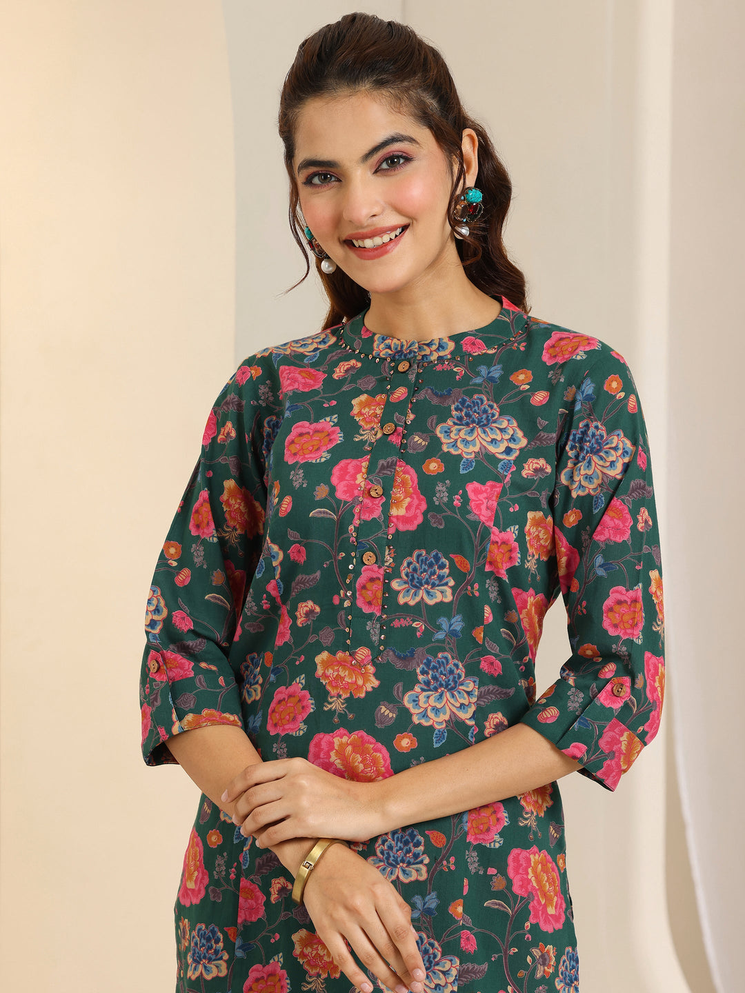  Green Printed Cotton Straight Kurta Set 