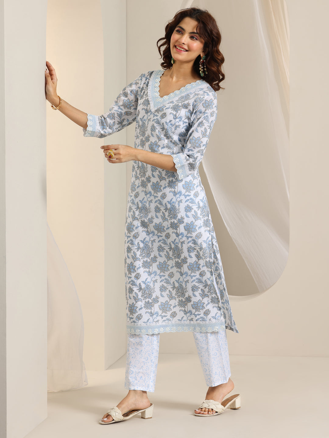  White Printed Cotton Straight Kurta Set 
