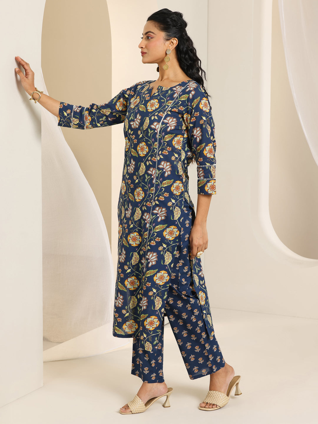  Blue Printed Cotton Straight Kurta Set 