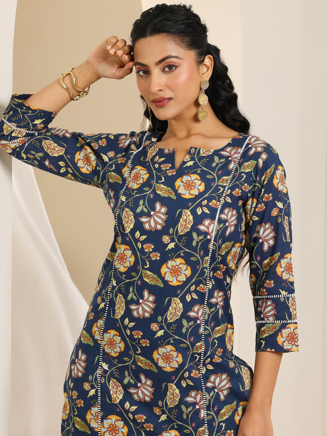  Blue Printed Cotton Straight Kurta Set 