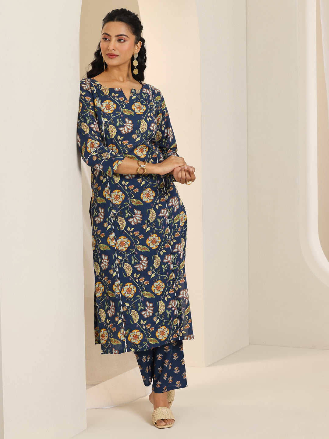  Blue Printed Cotton Straight Kurta Set 