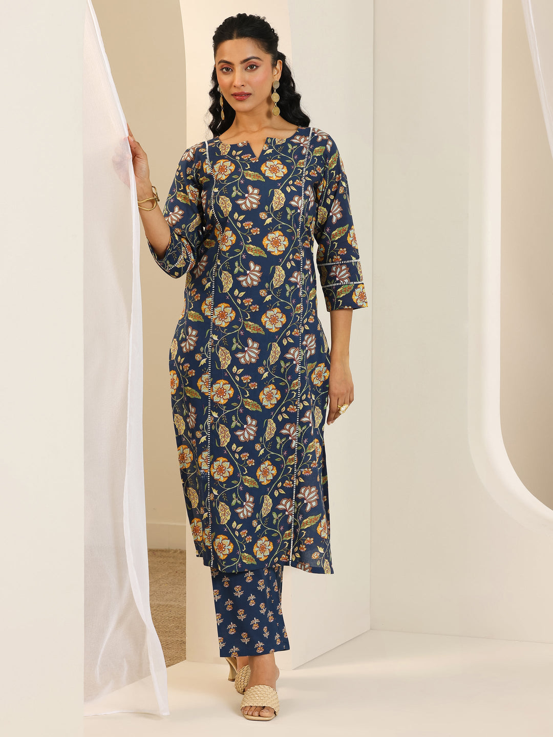  Blue Printed Cotton Straight Kurta Set 