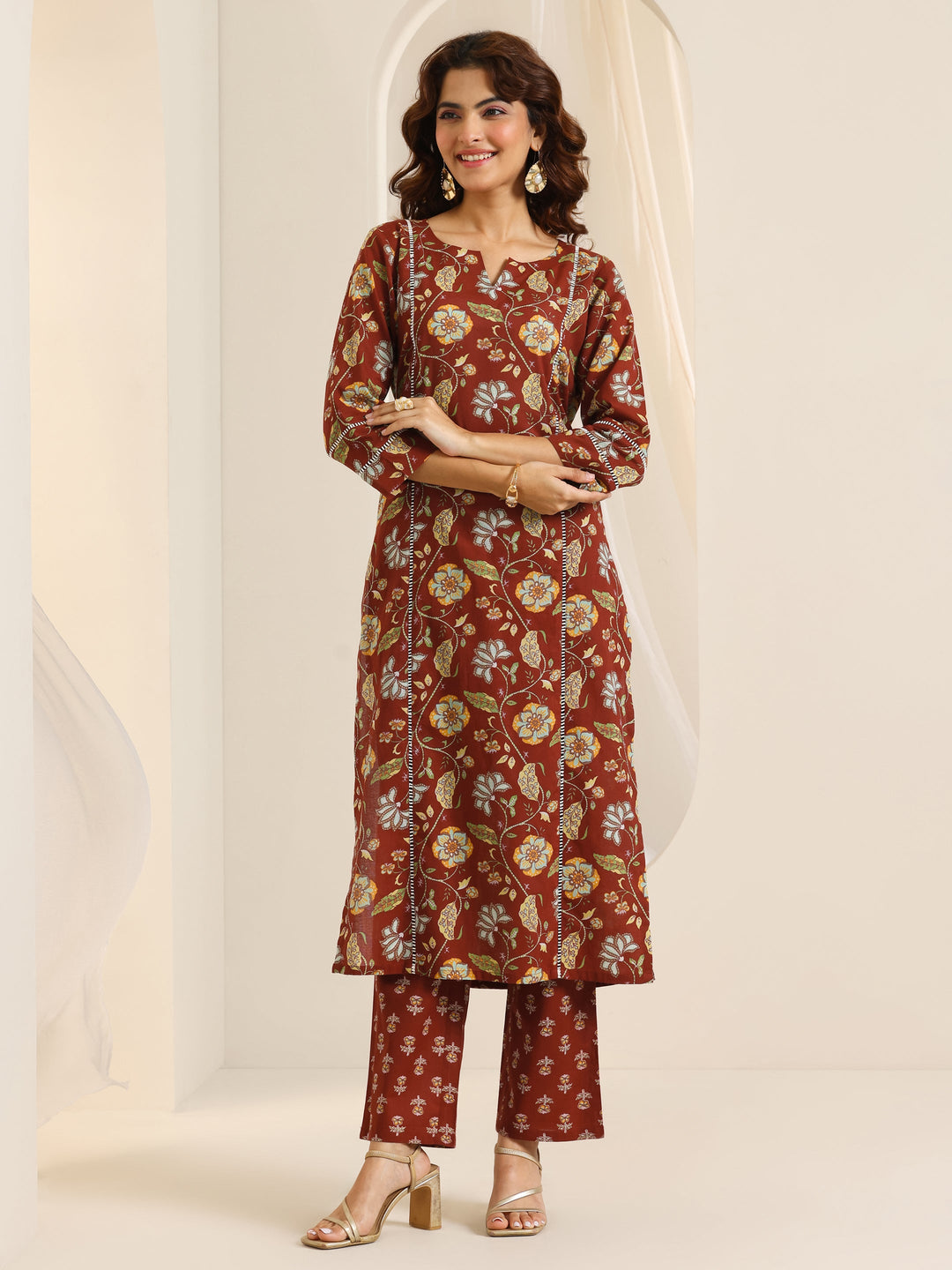  Rust Printed Cotton Straight Kurta Set 