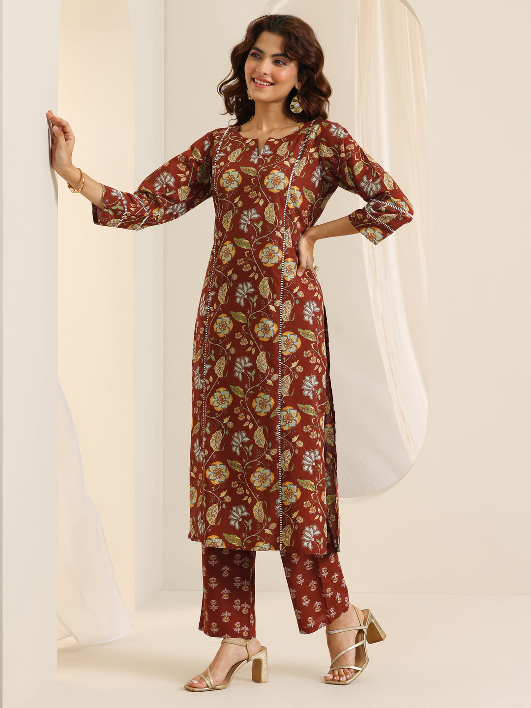  Rust Printed Cotton Straight Kurta Set 