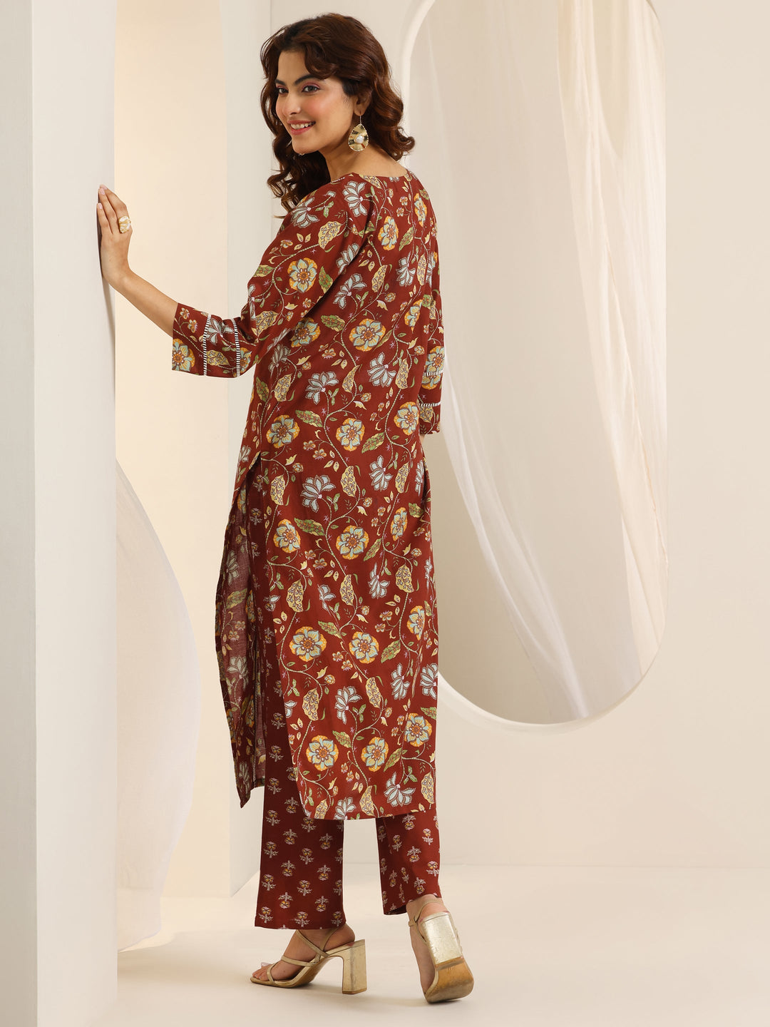  Rust Printed Cotton Straight Kurta Set 