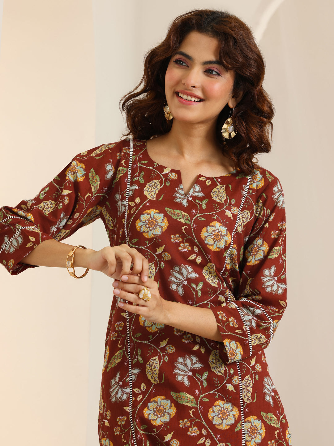  Rust Printed Cotton Straight Kurta Set 