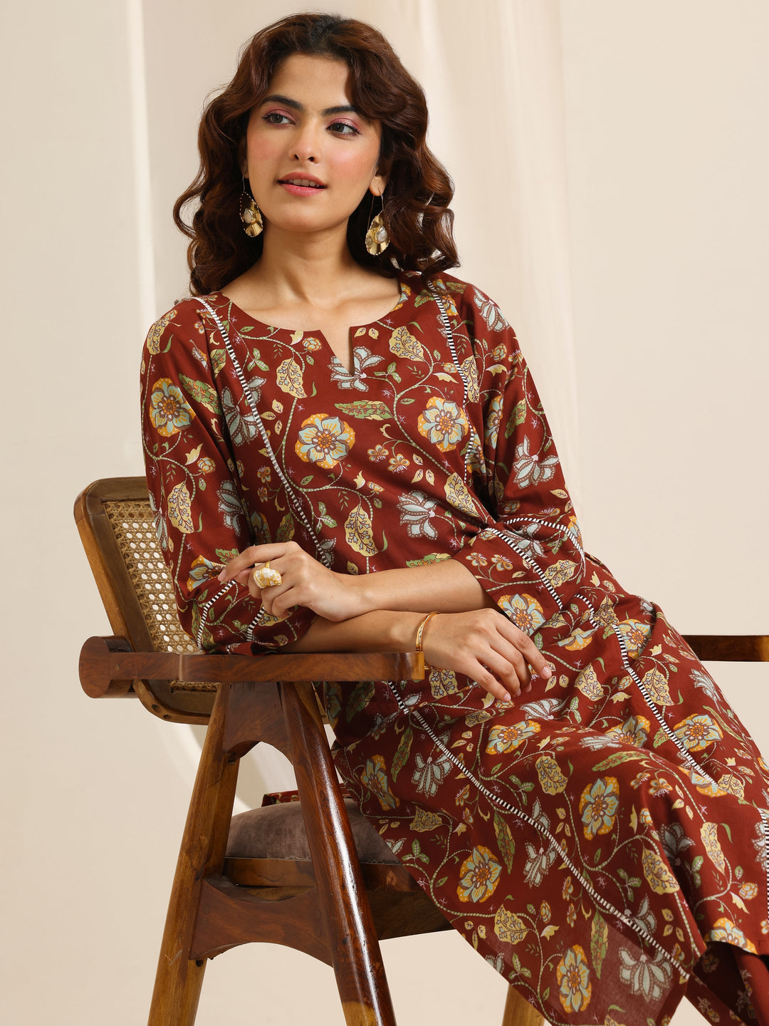  Rust Printed Cotton Straight Kurta Set 