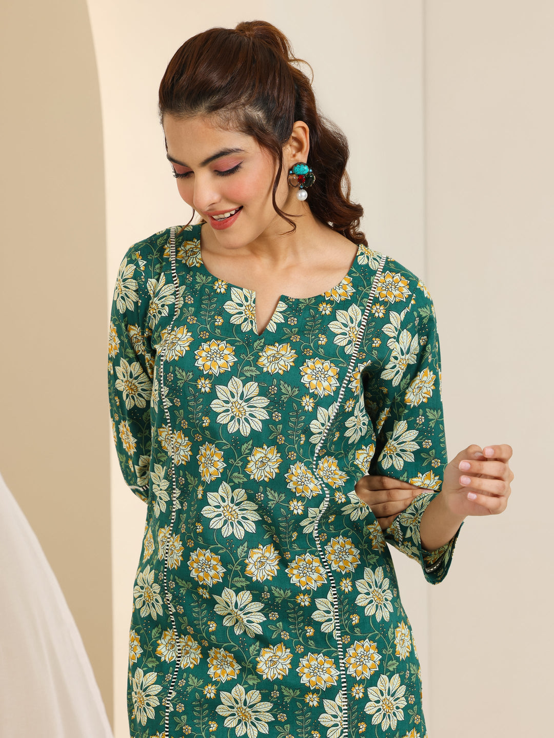  Green Printed Cotton Straight Kurta Set 