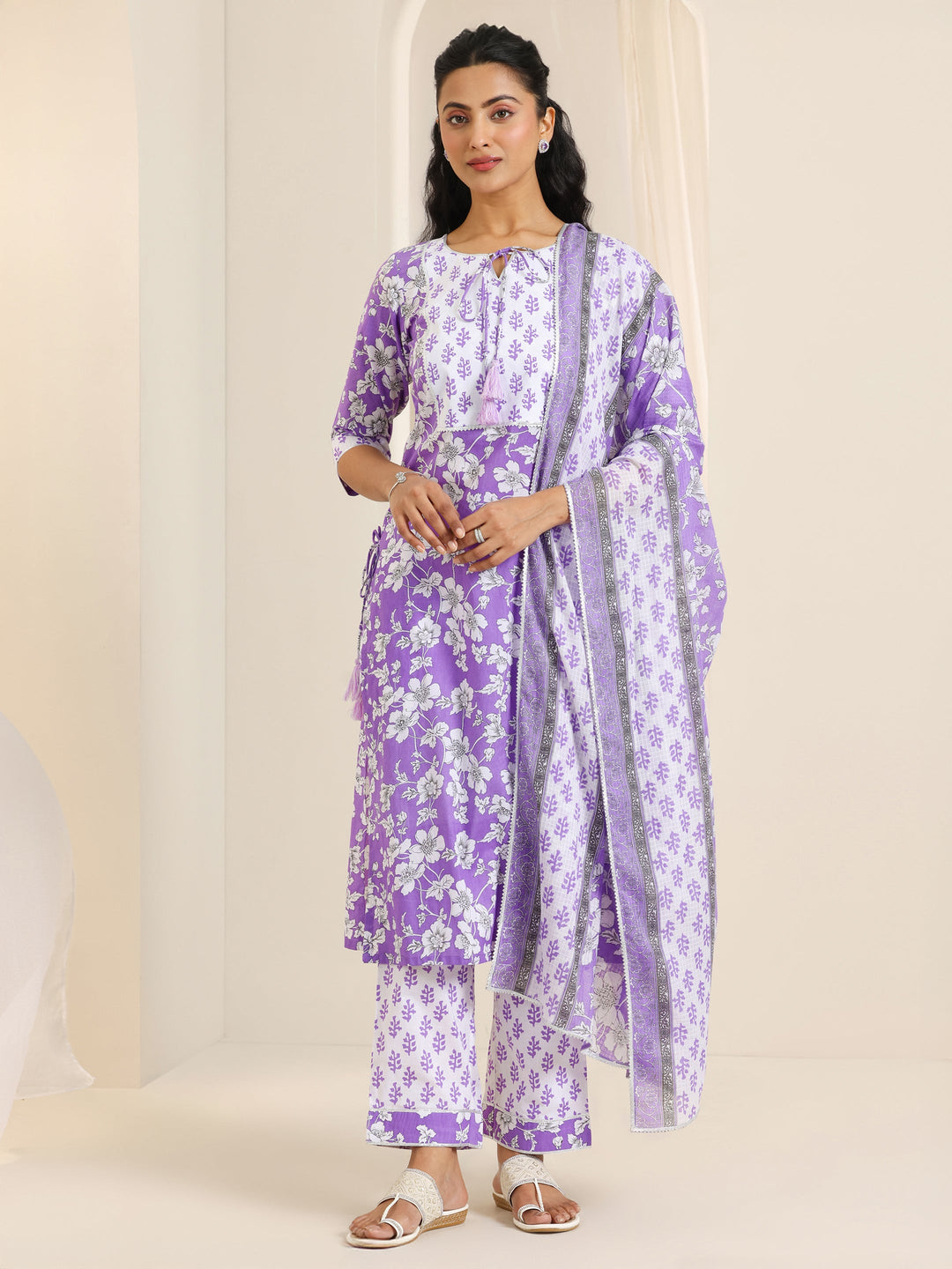  Purple Printed Cotton Straight Suit Set With Dupatta 