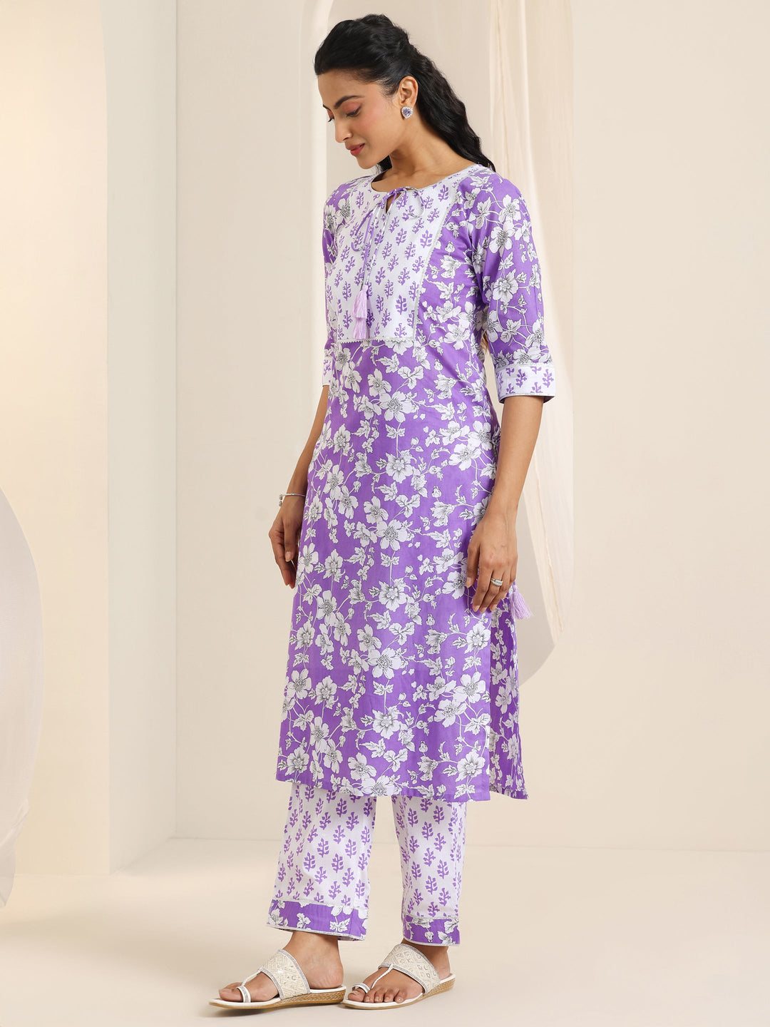  Purple Printed Cotton Straight Suit Set With Dupatta 