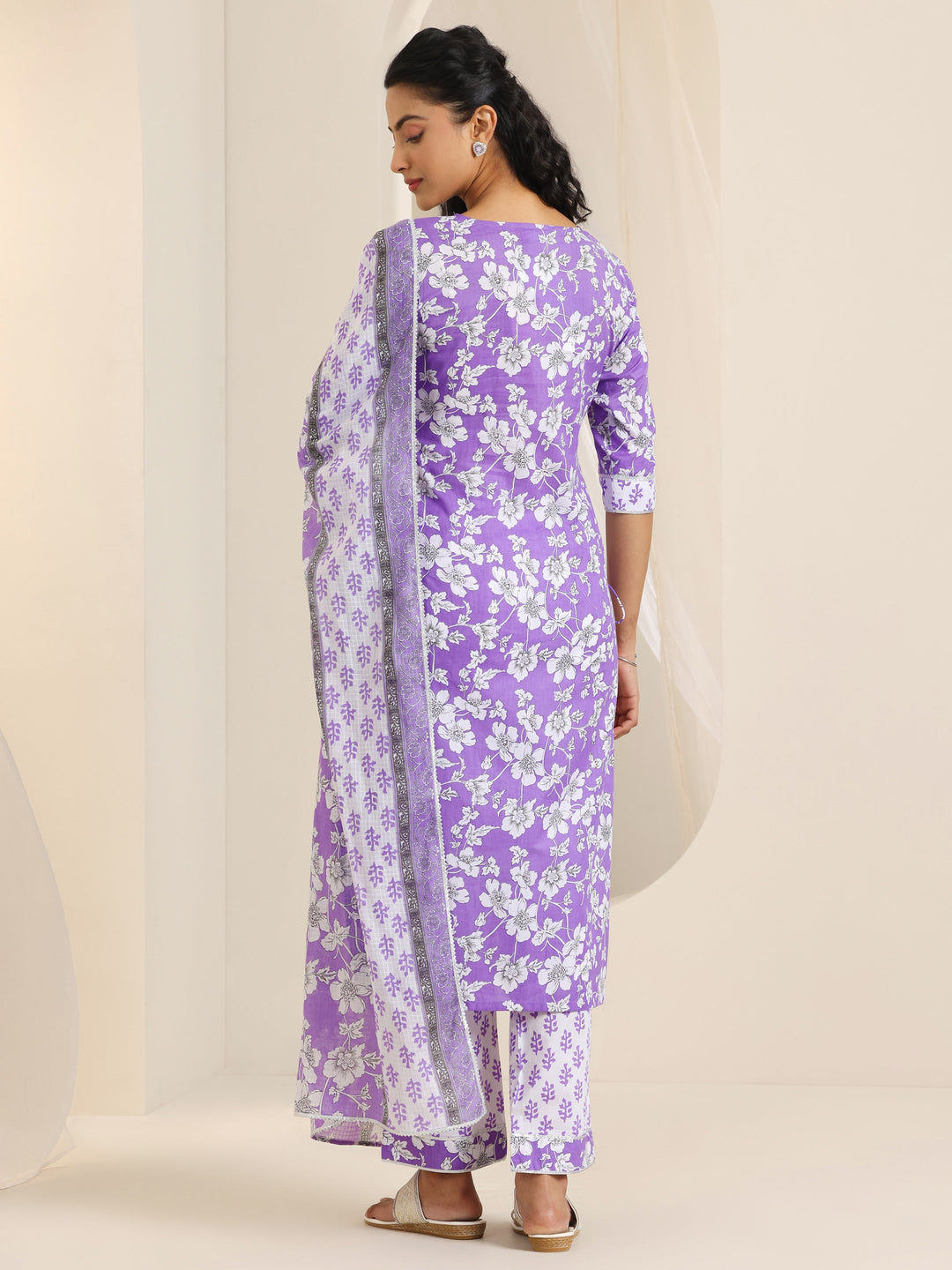  Purple Printed Cotton Straight Suit Set With Dupatta 