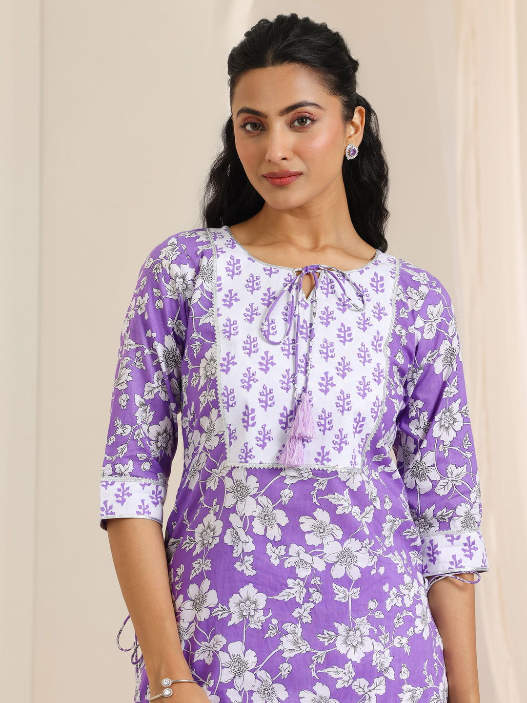  Purple Printed Cotton Straight Suit Set With Dupatta 