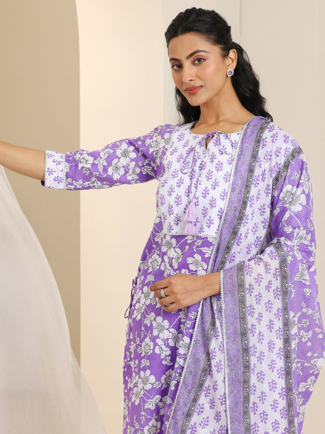  Purple Printed Cotton Straight Suit Set With Dupatta 