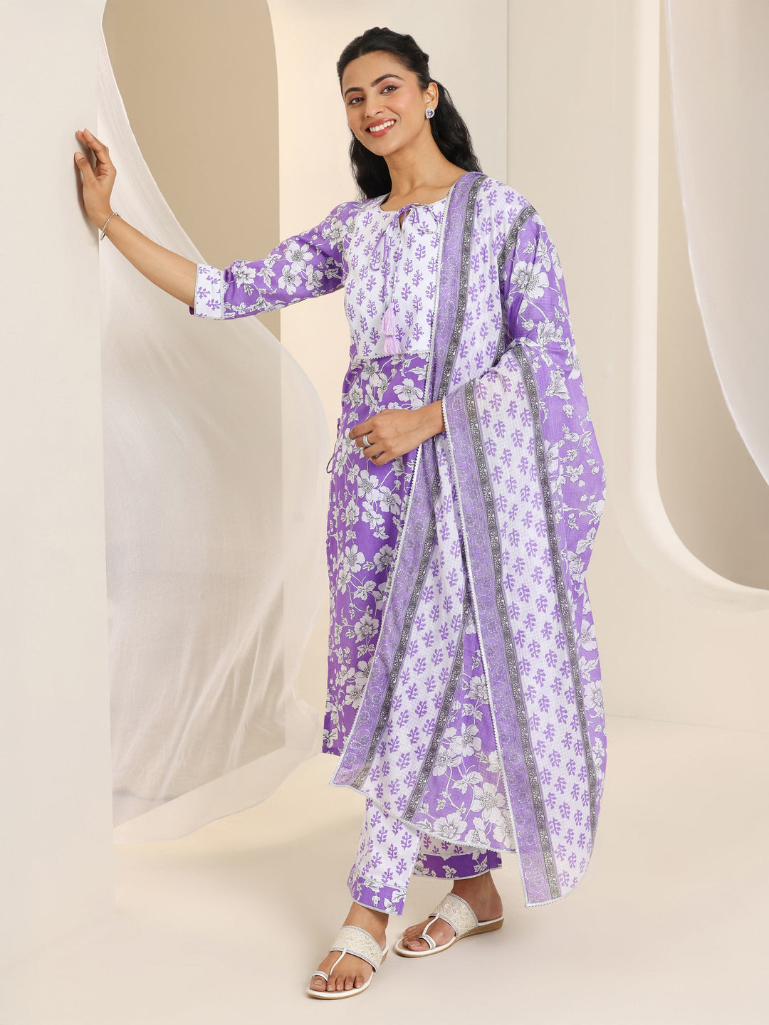  Purple Printed Cotton Straight Suit Set With Dupatta 