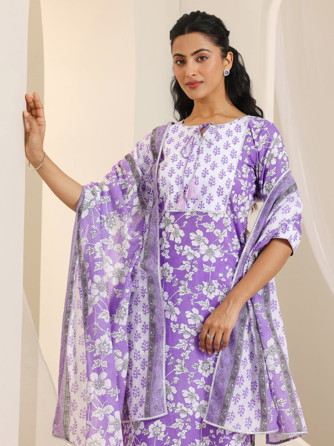  Purple Printed Cotton Straight Suit Set With Dupatta 