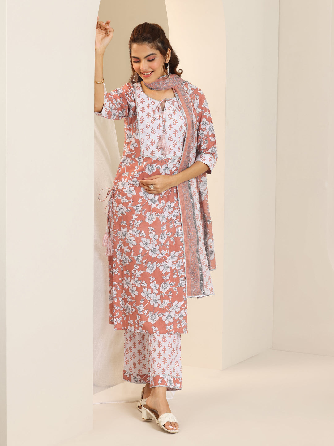 Peach Printed Cotton Straight Suit Set With Dupatta 