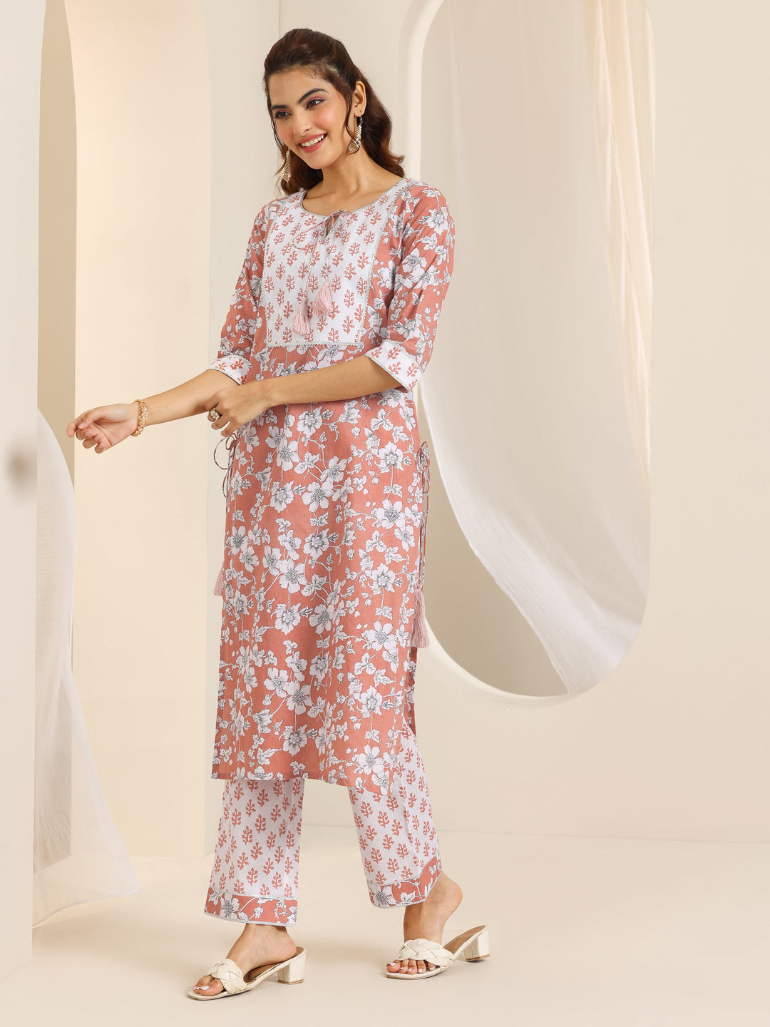  Peach Printed Cotton Straight Suit Set With Dupatta 