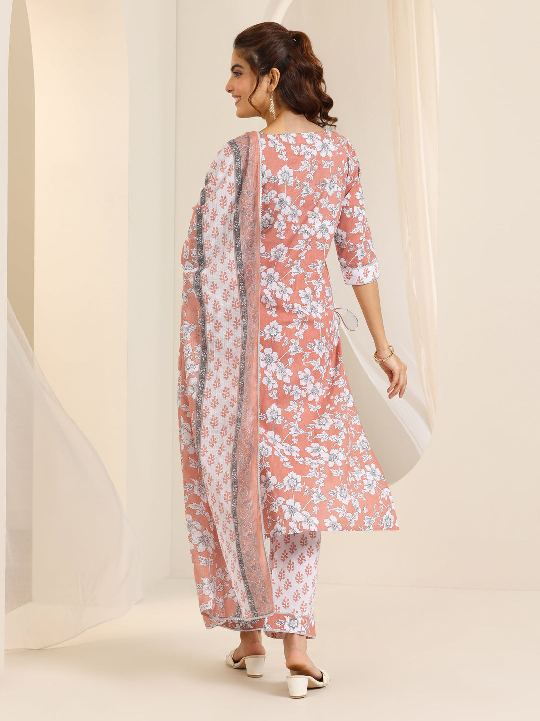  Peach Printed Cotton Straight Suit Set With Dupatta 
