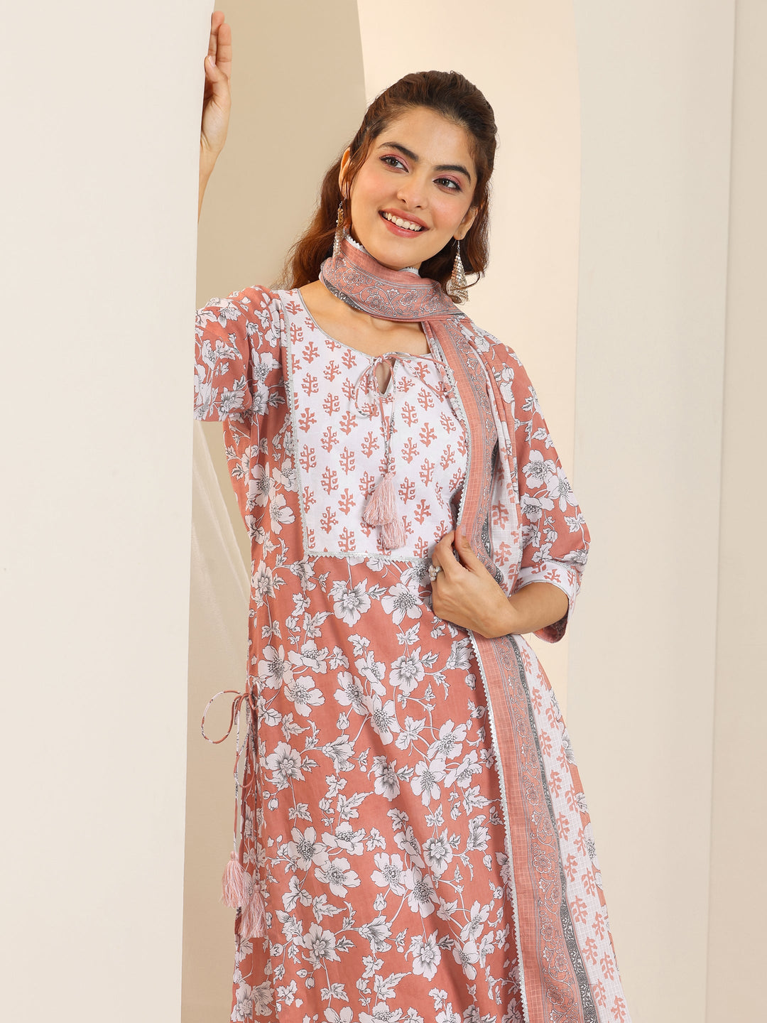  Peach Printed Cotton Straight Suit Set With Dupatta 