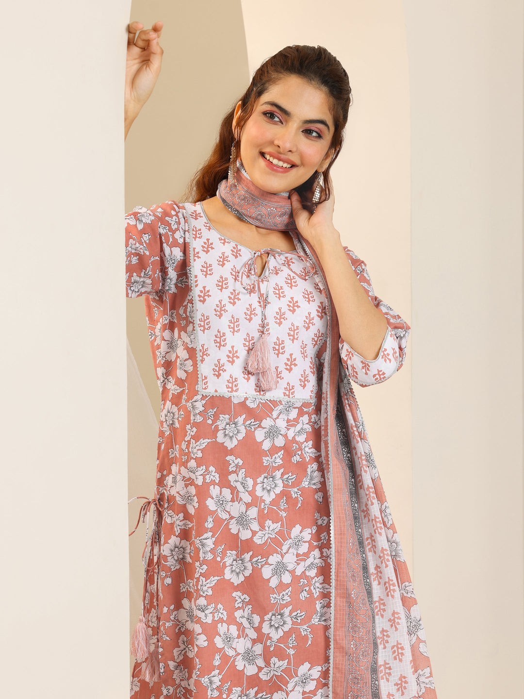  Peach Printed Cotton Straight Suit Set With Dupatta 