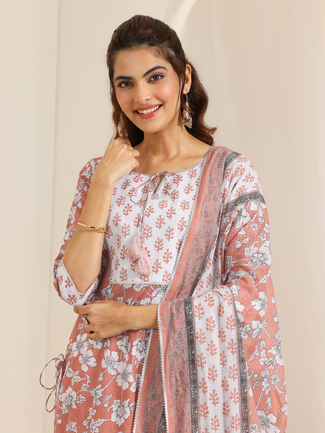  Peach Printed Cotton Straight Suit Set With Dupatta 